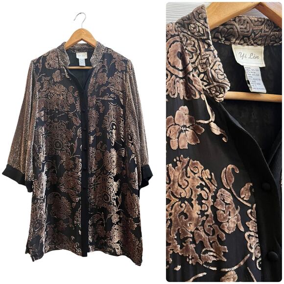 Vintage Yin Lin Silk Blend Velvet Burnout Button Front Duster Topper Medium - Picture 2 of 16